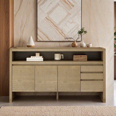 60" 3-Door Sideboard with 3 Drawers - Modern Solid Ash Veneer MDF Sideboard, Semi-Open Shelf & Center Semi - Leovsnove