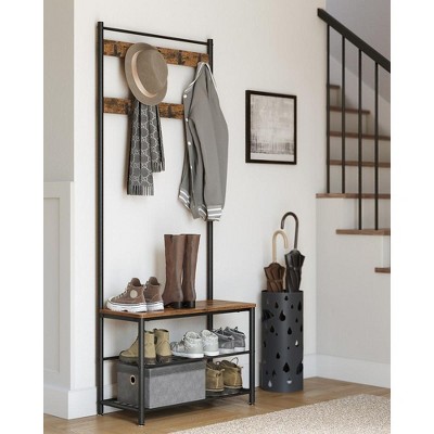 Rustic Brown and Black Hall Tree with Storage Bench