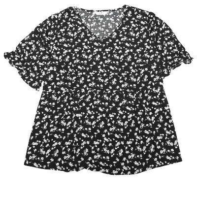 Agnes Orinda Women's Plus Size Floral Pleated V Neck Short Sleeve Tiered Babydoll Blouses