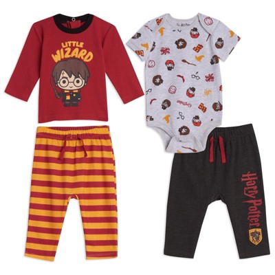 Image of Harry Potter Newborn Baby Boys Bodysuit T-Shirt and Pants 4 Piece Layette Set Red/Gray 6-9 Months