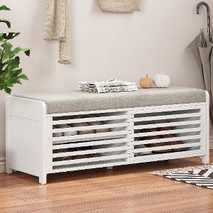 PAGED Retro Storage Bench with Sliding Door, Classic Shutter Ottoman with Storage, Shoe Bench with Cushion & Adjustable Shelf, Entryway Bench - 1 of 4