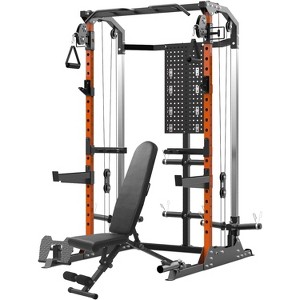 Power Cage, Multi Function 2000LB Squat Rack with Dual Pulley Cable Crossover System, Free Weight Home Equipment with Bench and Attachment Orange - 1 of 4