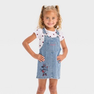 Toddler Girls' 2pc Disney Minnie Mouse Americana Short Sleeve T-Shirt and Denim Overalls Dress Set - Blue - 1 of 4