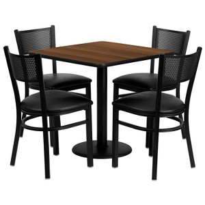Emma and Oliver 30" Square Walnut Laminate Table Set, 4 Grid Back Metal Chairs - 1 of 2