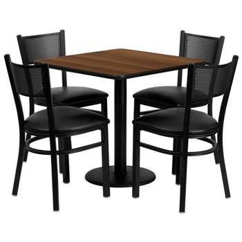 Flash Furniture 30'' Square Walnut Laminate Table Set with 4 Grid Back Metal Chairs - Black Vinyl Seat