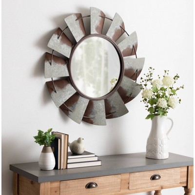 32" Round Silver and Brown Metal Windmill Wall Mirror