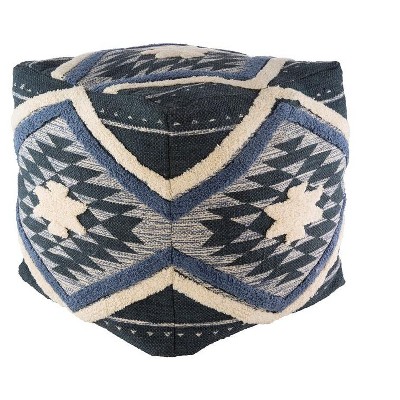 Livabliss Lachlan 18"H x 18"W x 18"D Bohemian/Global Denim Pouf: Square Cotton Ottoman, Classic Pattern, Blue