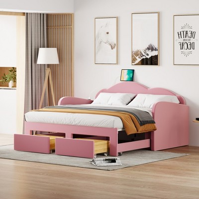 Whisen Morden Design Twin Size Upholstered Daybed with Cloud-Shaped Backrest, Trundle, 2 Drawers and USB Port