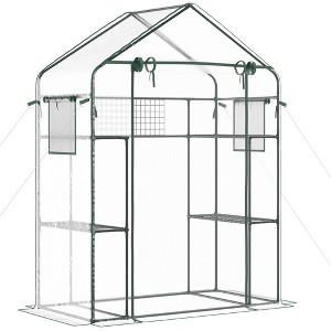 Outsunny 56" x 29" x 77" Walk-in Greenhouse Kit, Portable Green House with 3 Tier Shleves, Roll-Up Door, PE Cover for Backyard Garden - 1 of 4