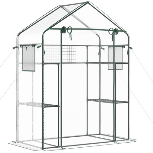 Outsunny Outdoor Walk-in Mini Greenhouse With Mesh Door u0026 Windows, Small  Portable Garden Hot House With 6 Shelves, Trellis, u0026 Plant Labels : Target