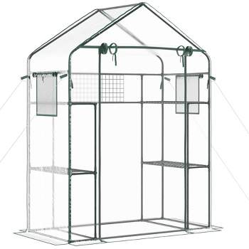 Outsunny Outdoor Walk-in Mini Greenhouse with Mesh Door & Windows, Small Portable Garden Hot House with 6 Shelves, Trellis, & Plant Labels