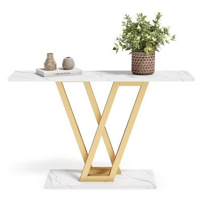 Gold and White Faux Marble Console Table with V-Legs