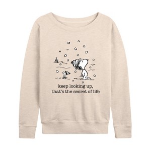 Women's - Peanuts - Dec Snoopy Woodstock Snowfall Lightweight French Terry Wide Neck Long Sleeve Graphic Shirt - 1 of 4
