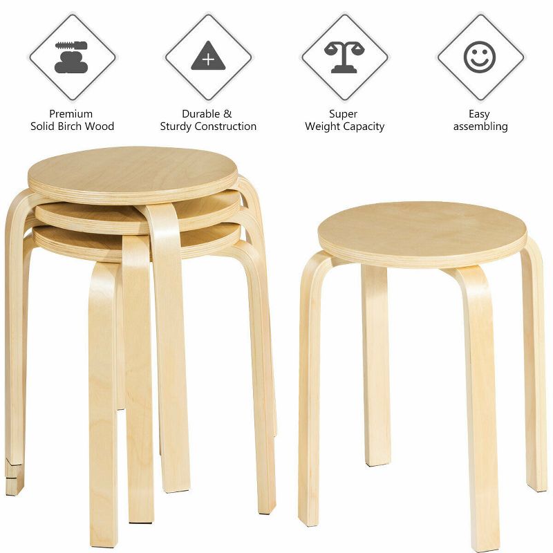Set of 4 18" Stacking Stool Round Dining Chair Backless Wood Home Decor, 5 of 10