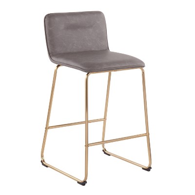 Gold Metal and Gray Faux Leather Counter Stools, Set of 2