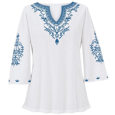 Collections Etc Tonal Embroidered Easy Fit V-Neck Long Length Tunic