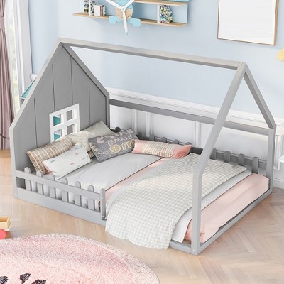 Image of Full Size Bed Frame With Windows And Fence Wood House Bed, No Box Spring Needed Platform Full Size Bed Frame For Bedroom, Gray