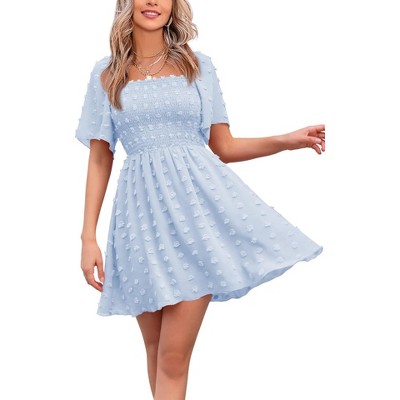 EXLURA Women's Summer Casual Square Neck Dresses Ruffle Short Sleeve Swiss Dot Flowy Mini Dress