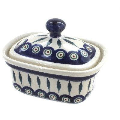 Blue Rose Polish Pottery Peacock Butter Tub