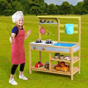 Whizmax Children's Outdoor Play House Toys include 9-piece Kitchenware Set,Woodcolor