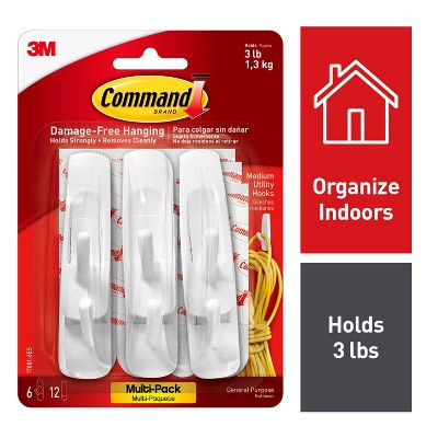 Command 6 Hooks 12 Strips Medium Sized Utility Hooks Value Pack White