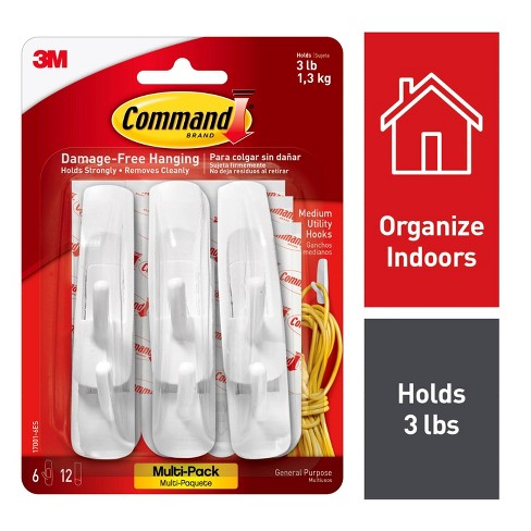 3M Command™ Clear Hooks & Strips, Plastic, Medium, 6 Hooks w/ 12 Adhesive  Strips per Pack