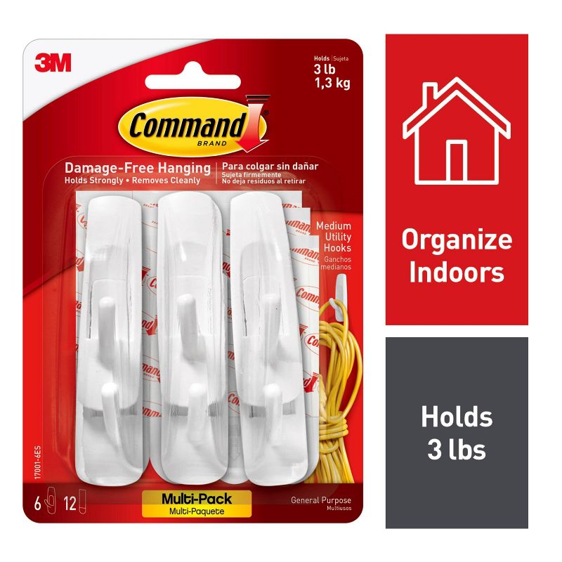 Command 6 Hooks 12 Strips Medium Sized Utility Hooks Value Pack White, 1 of 13