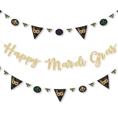 Big Dot of Happiness Mardi Gras - Masquerade Party Letter Banner Decoration - 36 Cutouts & No-Mess Real Gold Glitter Happy Mardi Gras Banner Letters