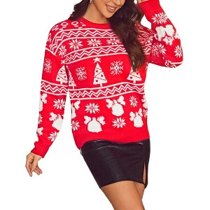 Clearlove Women’s Christmas Sweater – Festive Red Knit Pullover with Holiday Tree, Jingle Bell & Winter Motif Design - 1 of 4
