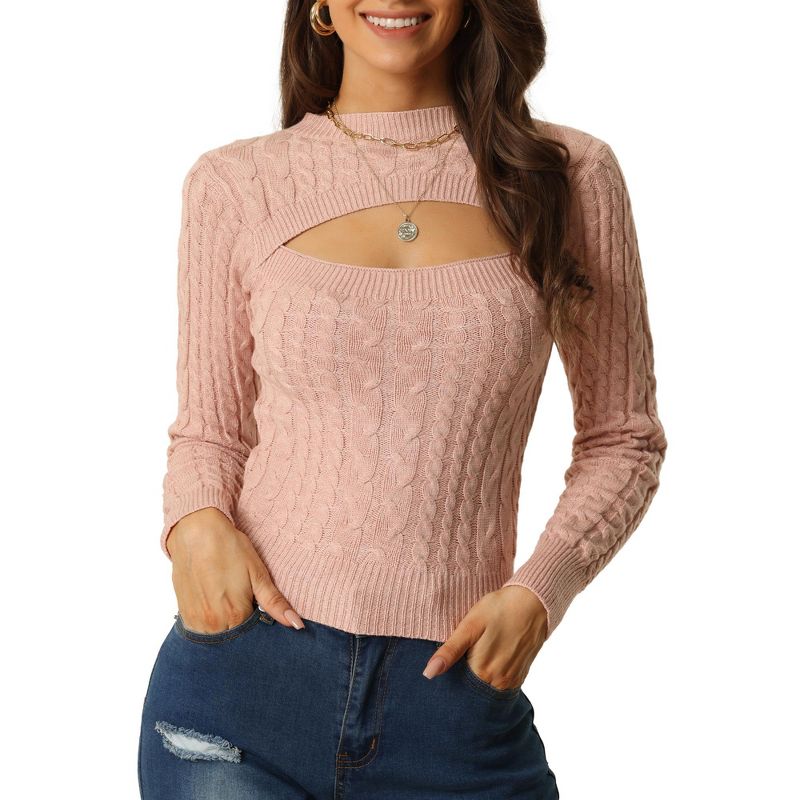 Seta T Women's Cut Out Front Cable Knit Long Sleeve Crop Pullover Sweater, 1 of 6