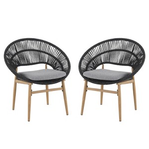 Gulches Outdoor Wicker Dining Chairs Set of 2 Teak Finished Legs, Dark Gray PE Rattan with Gray Cushion, Ergonomic Funnel Design, Weather-Resistant - 1 of 4