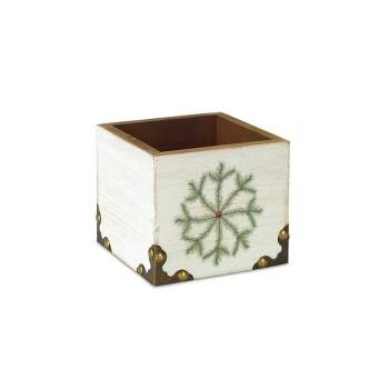 Melrose 4.5" White and Green Distressed Snowflake Christmas Storage Box