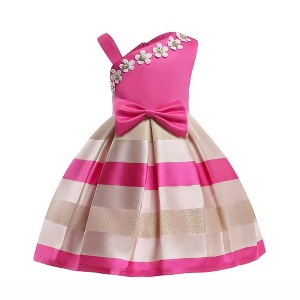 MyKids-USA Baby Girl Floral Patched Pattern Striped Tutu Princess Dress One Shoulder Dress - 1 of 4
