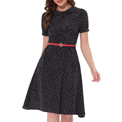 Allegra K Women's Peter Pan Collar Tie Neck Short Sleeves A-Line Elegant  Belted Floral Dress Black Large