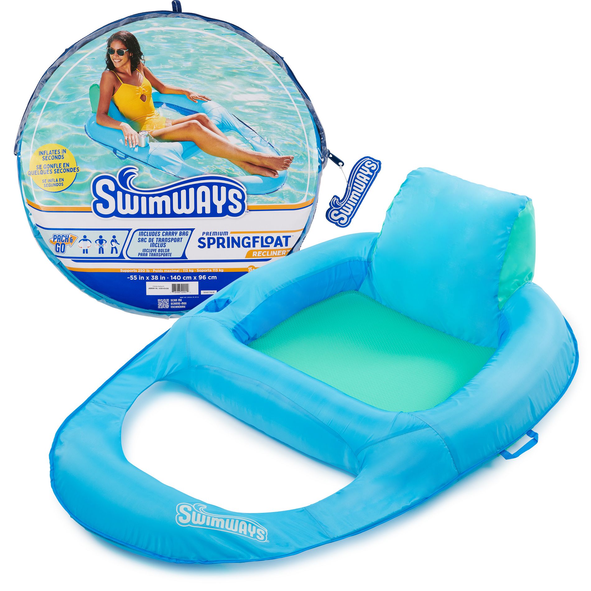 SwimWays Spring Float Recliner Swim Lounger for Pool or Lake with Hyper-Flate Valve - Blue: Adult Pool Float Capacity 250 lbs