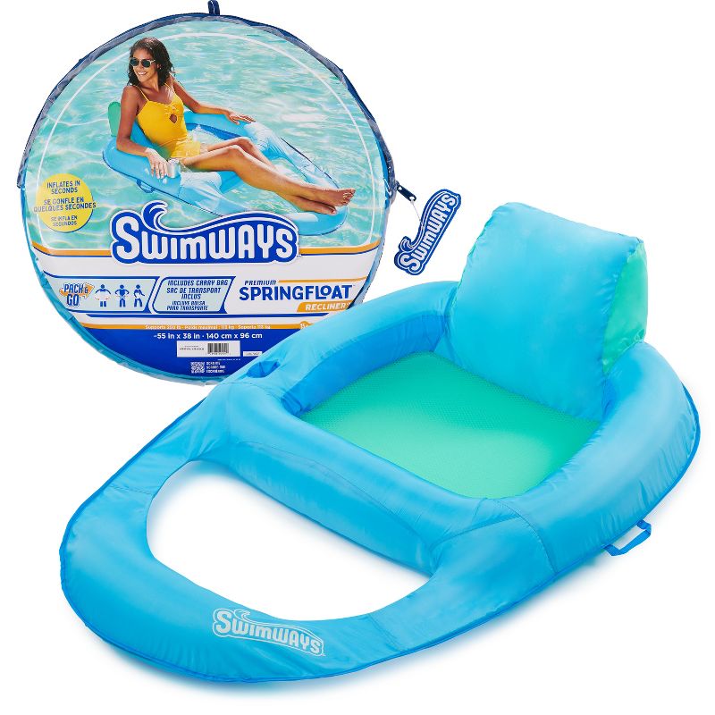 SwimWays Spring Float Recliner Swim Lounger for Pool or Lake with Hyper-Flate Valve - Blue, 1 of 12