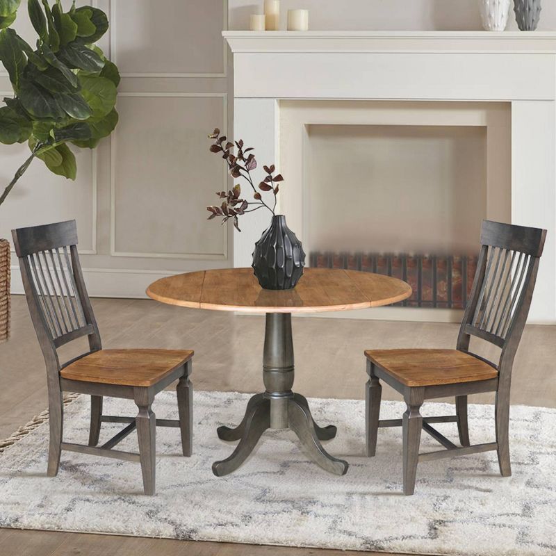 3pc 42&#34; Round Dual Drop Leaf Dining Table with 2 Slat Back Chairs Hickory/Washed Coal - International Concepts, 2 of 11