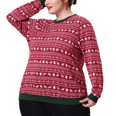 Agnes Orinda Women's Plus Size Round Neck Contrast Color Long Sleeve Xmas  Sweatshirts Red 2X