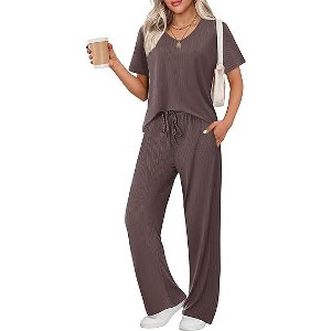 Ekouaer Pyjama Damen Herbst Schlafanzug Kurzarm Lang Hose Rippen Nachtw?sche - 1 of 4