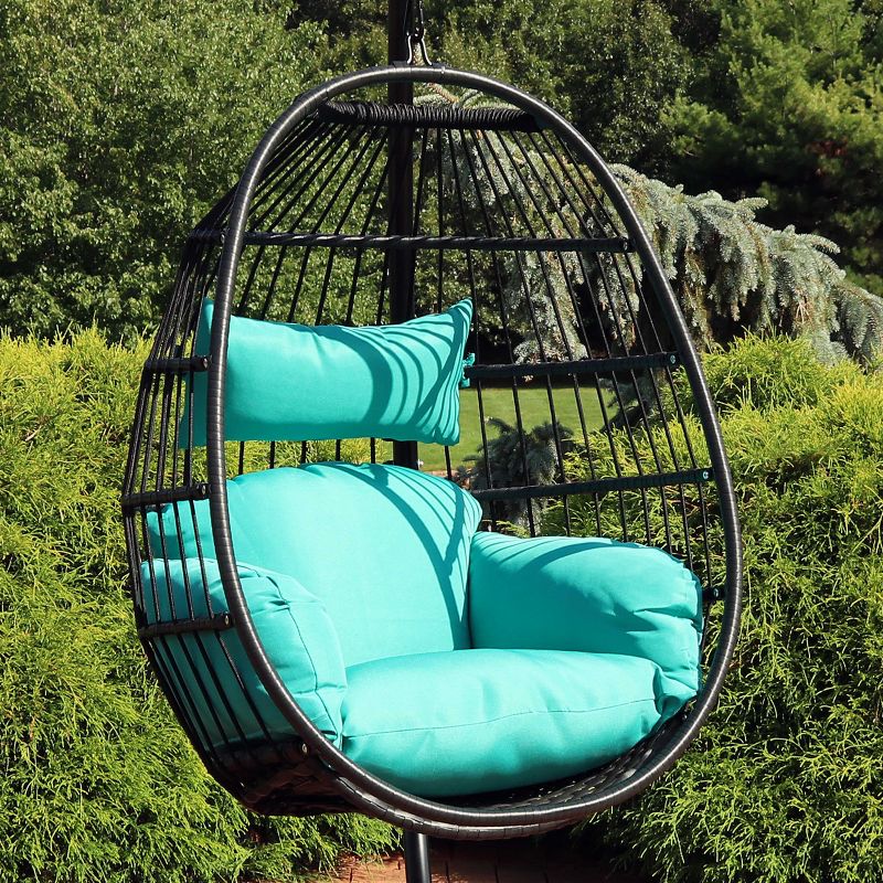 Sunnydaze Outdoor Resin Wicker Patio Dalia Hanging Basket Egg Chair with Cushions and Headrest - Teal - 2pc, 2 of 11