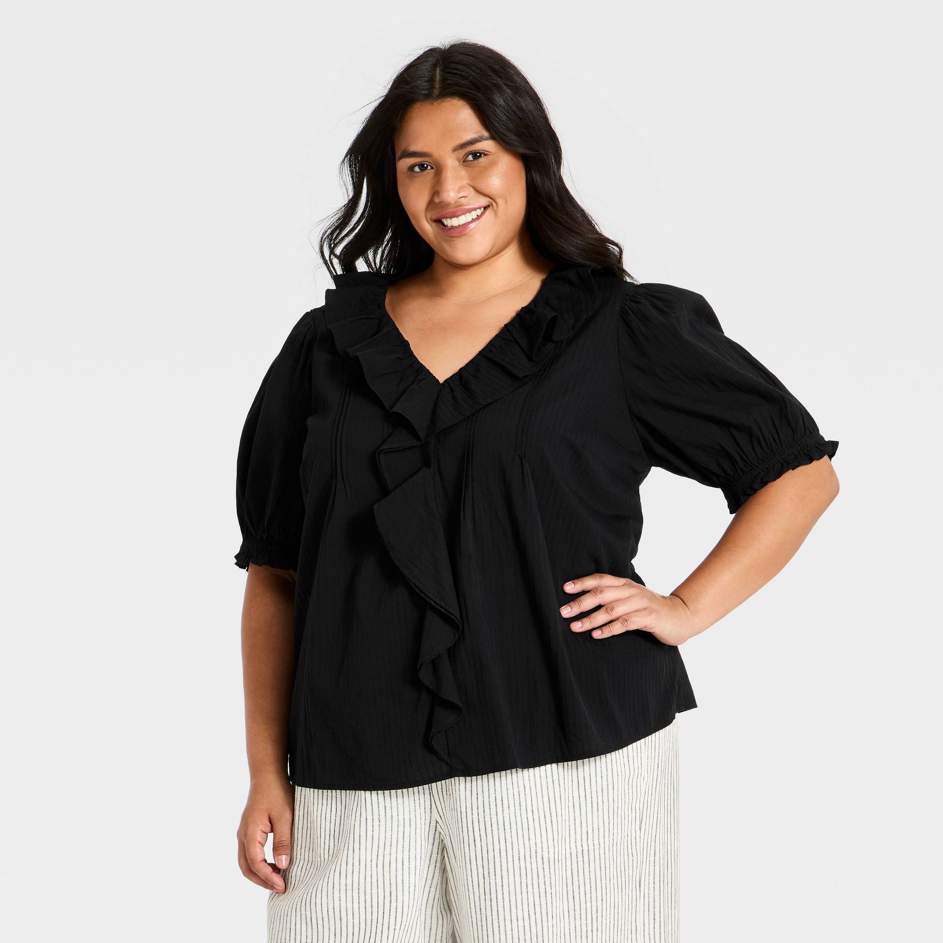 Women's Plus Short Puff Sleeve Ruffle V Neck Top - Ava & Viv™