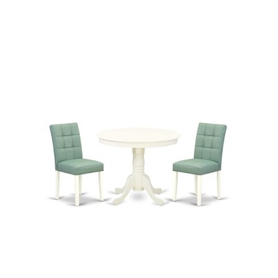 Linen White Round Pedestal Dining Table Set with Willow Green Faux Leather Chairs