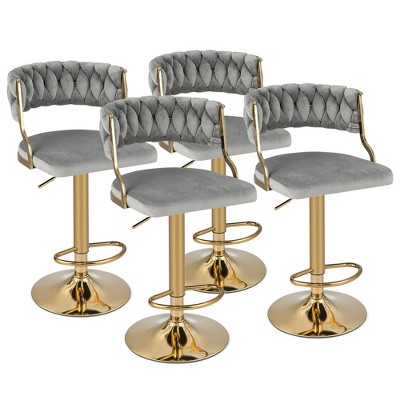 Tangkula Swivel Barstool with Woven Back Set of 4 Upholstered Velvet Adjustable Bar Stools