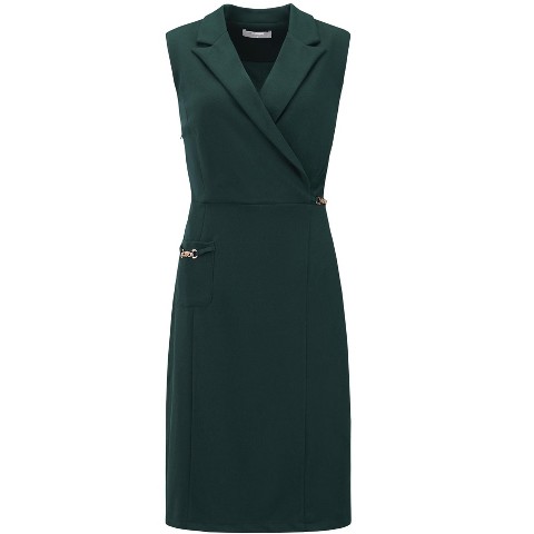 Женские платья INSPIRE CHIC Women's Sleeveless Pencil Notched Lapel Collar Faux Wrap Wear to Work Sheath Dress Dark Green Large