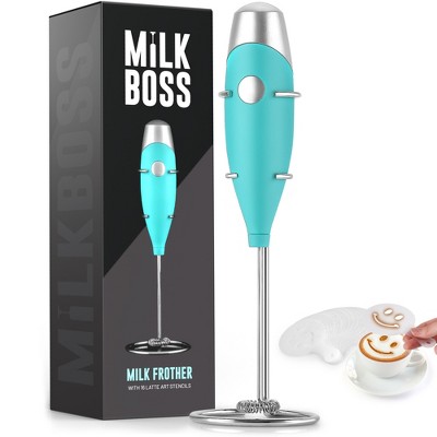 Milk Boss Mighty Milk Frother Handheld Whisk Mixer With 16-Piece Stencils For Lattes, Matcha & More