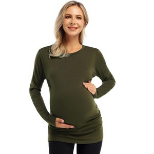 BLUEMING Womens Maternity Shirts Long Sleeve Crew Neck Basic Tank Tops Side Buttons Pregnant Shirts - 1 of 4
