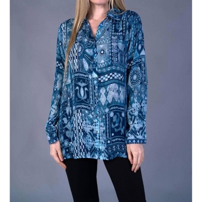 Women's Blues Button Down Classic Blouse - Shana Apparel