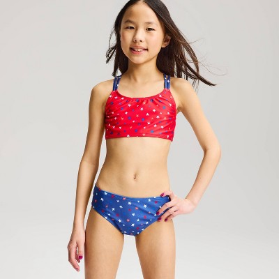 Cat & Jack Girls' Americana Long Sleeve Rash Guard Bikini Set - Cat & Jack™ Red/Blue M — фото 3