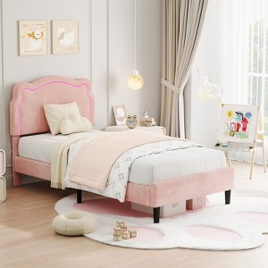 Twin Size Velvet Princess Platform Bed Frame, Adjustable Bear Headboard, Wooden Slats Support, No Box Spring Needed, Easy Assembly - 1 of 4