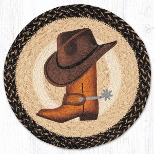 Earth Rugs Cowboy Hat & Boot Printed Round Jute Trivet 10" Rustic Hot Pad - 1 of 3
